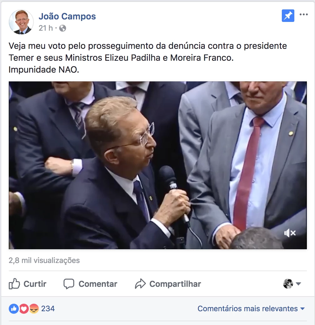Post do deputado João Campos
