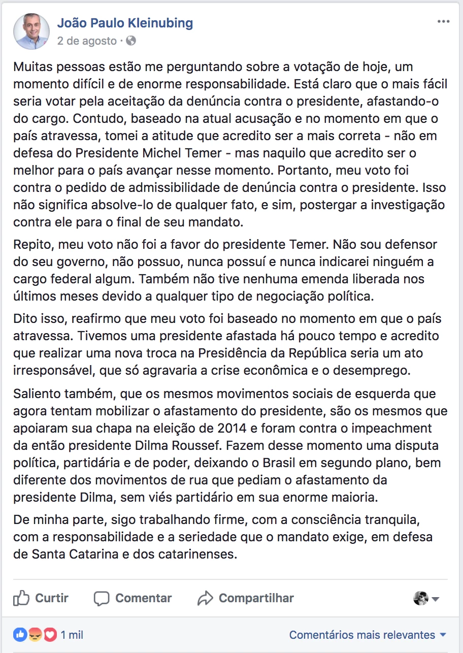 Post do deputado João Paulo em agosto