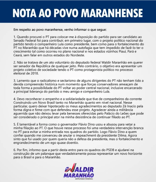 Nota do ex-presidente da Câmara anunciando filiação ao PSDB