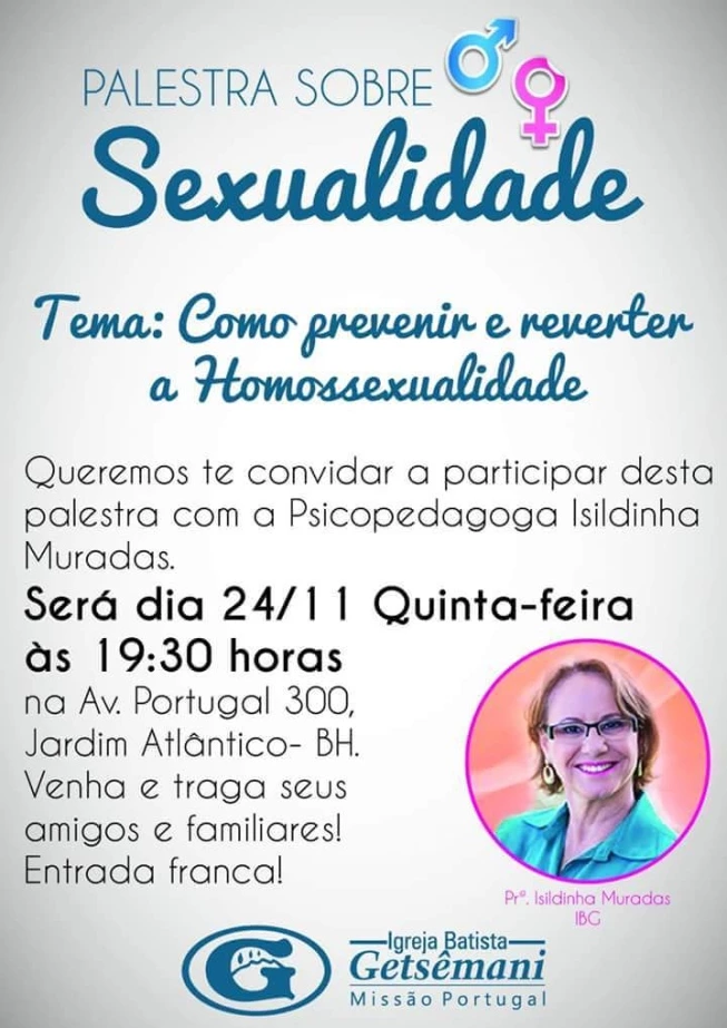 Arte de divulgação da palestra "Como prevenir e reverter a homossexualidade", ministrada na Igreja Batista Getsêmani, presidida pelo pastor Jorge Linhares.