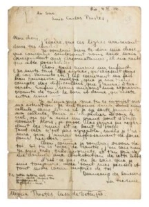 Carta, que irá a leilão, de Olga Benario para Luiz Carlos Prestes em 4 de abril de 1936, quando o casal estava preso no Rio.