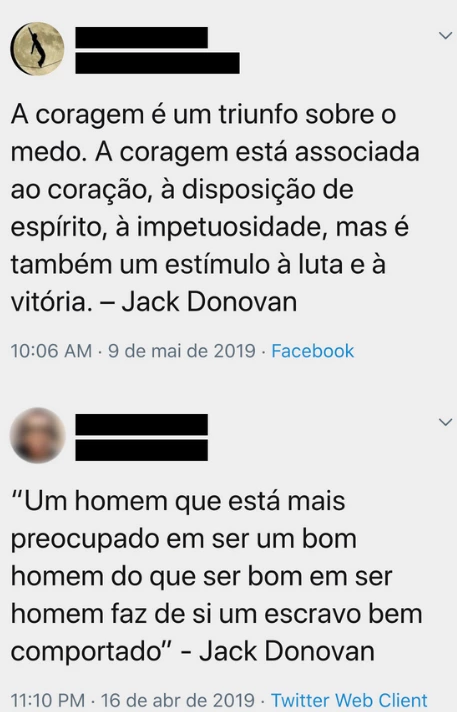 Usuários brasileiros publicam citações de Jack Donovan no Twitter.