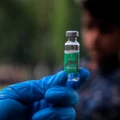 Um profissional de saúde segura um frasco de Covishield em um centro de vacinação em Sopore, no distrito de Baramulla em Jammu e Caxemira, em 3 de maio de 2021.