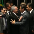 (160831) -- BRASILIA, Aug. 31, 2016 (Xinhua) -- Michel Temer (C) greets with senator Aecio Neves following his swear-in ceremony as President of Brazil in Brasilia, Brazil, Aug. 31, 2016. Temer was sworn in as the new president of Brazil on Wednesday afternoon, after Dilma Rousseff was stripped of the presidency by the Senate in an impeachment trial. (Xinhua/Li Ming) (wr) (Photo by Xinhua/Sipa USA)