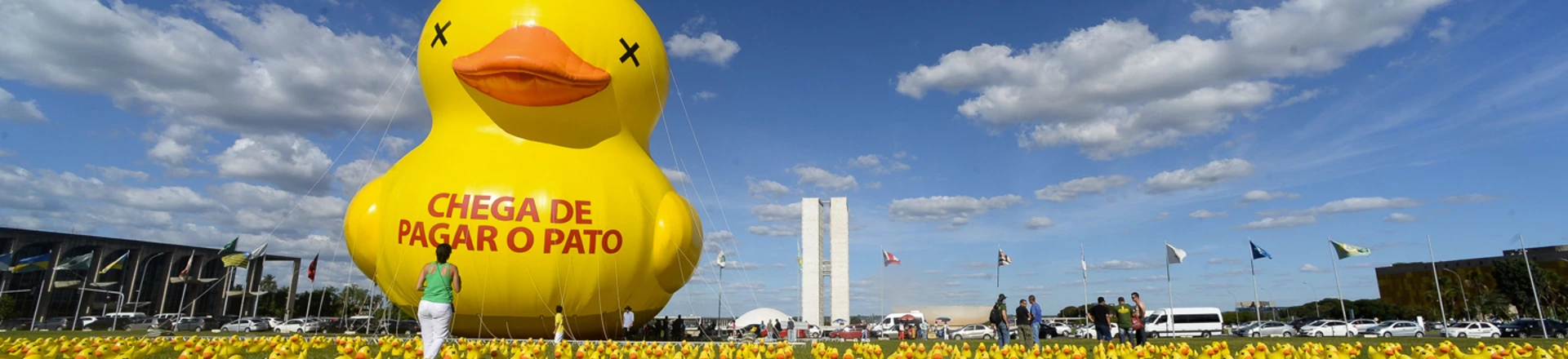 Em 2016, protesto patrocinado pela FIESP com o tema "chega de pagar o pato", na Esplanada dos Ministérios, em Brasília. Em 2016, protesto patrocinado pela FIESP com o tema "chega de pagar o pato", na Esplanada dos Ministérios, em Brasília.