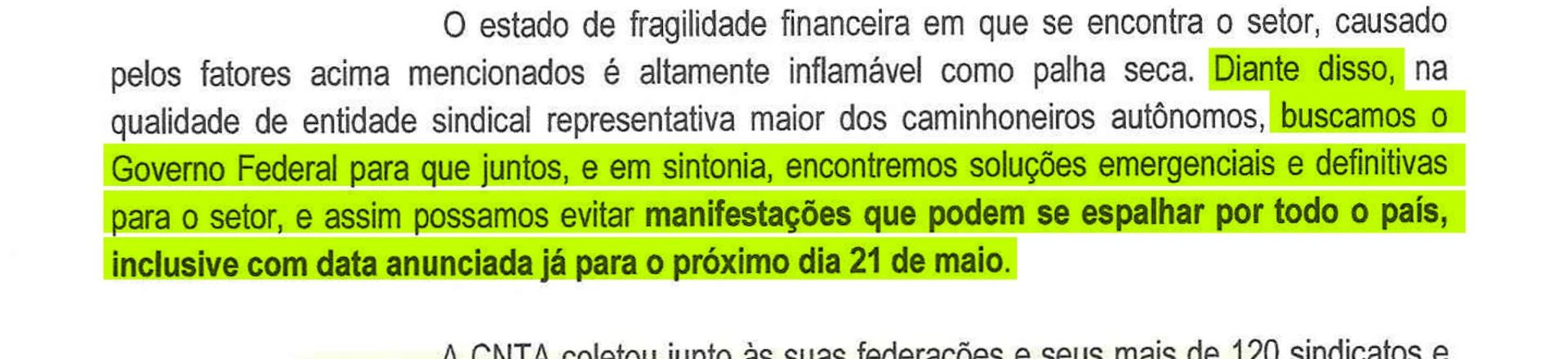 Documento da CNTA do dia 16 de maio antecipava greve ao governo.