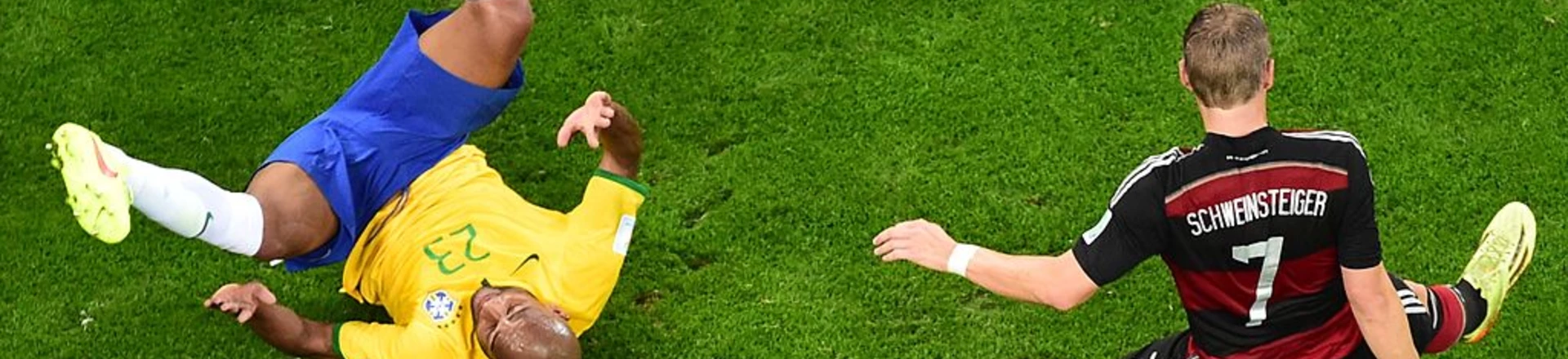 Germany's midfielder Bastian Schweinsteiger (R) controls the ball during the semi-final football match between Brazil and Germany at The Mineirao Stadium in Belo Horizonte during the 2014 FIFA World Cup on July 8, 2014. AFP PHOTO / POOL / FRANCOIS XAVIER MARIT (Photo credit should read FRANCOIS XAVIER MARIT/AFP/Getty Images) Germany's midfielder Bastian Schweinsteiger (R) controls the ball during the semi-final football match between Brazil and Germany at The Mineirao Stadium in Belo Horizonte during the 2014 FIFA World Cup on July 8, 2014. AFP PHOTO / POOL / FRANCOIS XAVIER MARIT (Photo credit should read FRANCOIS XAVIER MARIT/AFP/Getty Images)