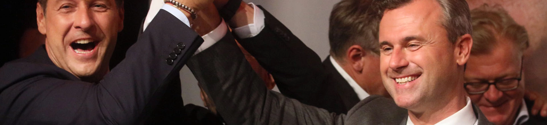 Heinz-Christian Strache, head of Austria's Freedom Party, FPOE, left, congratulates Norbert Hofer, candidate for Austria's Presidency during an after presidential election party in Vienna, Austria, Sunday, May 22, 2016.  Heinz-Christian Strache, head of Austria's Freedom Party, FPOE, left, congratulates Norbert Hofer, candidate for Austria's Presidency during an after presidential election party in Vienna, Austria, Sunday, May 22, 2016.