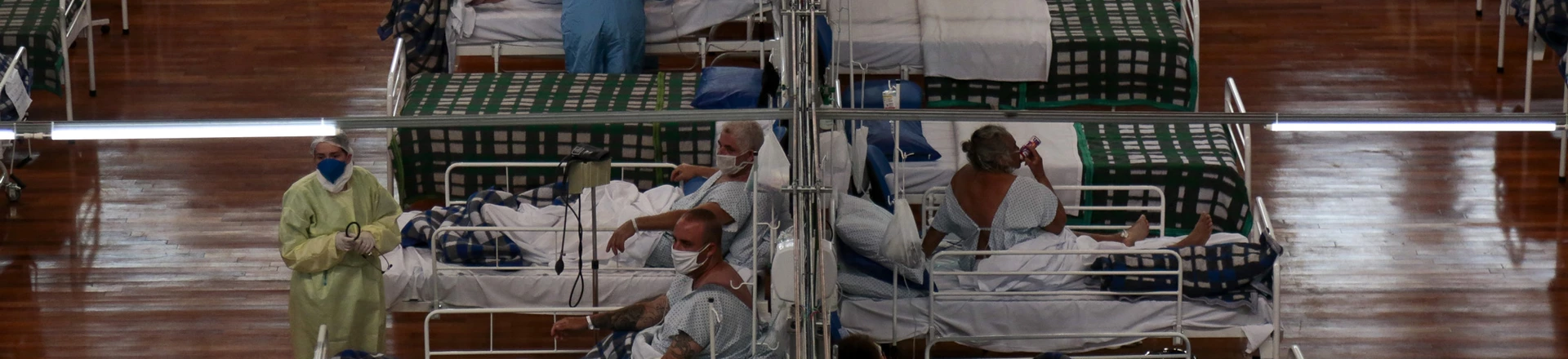 Patients affected by the COVID-19 coronavirus are treated at a field hospital set up at a sports gym, in Santo Andre, Sao Paulo state, Brazil, on May 11, 2020. Patients affected by the COVID-19 coronavirus are treated at a field hospital set up at a sports gym, in Santo Andre, Sao Paulo state, Brazil, on May 11, 2020.