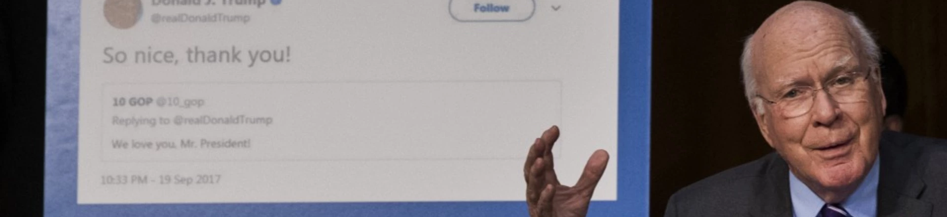 WASHINGTON, DC - OCTOBER 31: With a display showing President Donald Trump retweeting a fake Russian Twitter account, Sen. Patrick Leahy (D-VT) questions witnesses during a Senate Judiciary Subcommittee on Crime and Terrorism hearing titled 'Extremist Content and Russian Disinformation Online' on Capitol Hill, October 31, 2017 in Washington, DC. The committee questioned the tech company representatives about attempts by Russian operatives to spread disinformation and purchase political ads on their platforms, and what efforts the companies plan to use to prevent similar incidents in future elections. (Drew Angerer/Getty Images) WASHINGTON, DC - OCTOBER 31: With a display showing President Donald Trump retweeting a fake Russian Twitter account, Sen. Patrick Leahy (D-VT) questions witnesses during a Senate Judiciary Subcommittee on Crime and Terrorism hearing titled 'Extremist Content and Russian Disinformation Online' on Capitol Hill, October 31, 2017 in Washington, DC. The committee questioned the tech company representatives about attempts by Russian operatives to spread disinformation and purchase political ads on their platforms, and what efforts the companies plan to use to prevent similar incidents in future elections. (Drew Angerer/Getty Images)