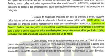 Documento da CNTA do dia 16 de maio antecipava greve ao governo.