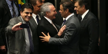 (160831) -- BRASILIA, Aug. 31, 2016 (Xinhua) -- Michel Temer (C) greets with senator Aecio Neves following his swear-in ceremony as President of Brazil in Brasilia, Brazil, Aug. 31, 2016. Temer was sworn in as the new president of Brazil on Wednesday afternoon, after Dilma Rousseff was stripped of the presidency by the Senate in an impeachment trial. (Xinhua/Li Ming) (wr) (Photo by Xinhua/Sipa USA) (160831) -- BRASILIA, Aug. 31, 2016 (Xinhua) -- Michel Temer (C) greets with senator Aecio Neves following his swear-in ceremony as President of Brazil in Brasilia, Brazil, Aug. 31, 2016. Temer was sworn in as the new president of Brazil on Wednesday afternoon, after Dilma Rousseff was stripped of the presidency by the Senate in an impeachment trial. (Xinhua/Li Ming) (wr) (Photo by Xinhua/Sipa USA)
