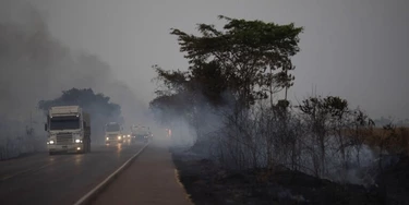 Caminhões dirigem ao lado de campos queimados na rodovia BR-163, no estado do Mato Grosso, em 23 de agosto de 2019.