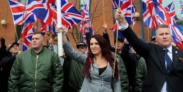 Jayda Fransen and Paul Goulding Britain First Rally, London, UK - 04 Nov 2017 'Britain First' holds a rally in support of their leaders Paul Goulding and Jayda Fransen, who have to sign in at Bromley Police Station as part of their bail conditions. (Rex Features via AP Images) Jayda Fransen and Paul Goulding Britain First Rally, London, UK - 04 Nov 2017 'Britain First' holds a rally in support of their leaders Paul Goulding and Jayda Fransen, who have to sign in at Bromley Police Station as part of their bail conditions. (Rex Features via AP Images)
