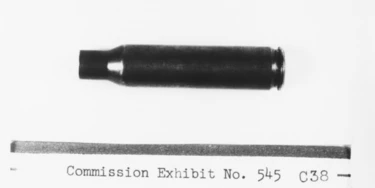 Part of Warren Commission records on the assassination of President John F. Kennedy, this shell is one of three empty shells found at the window inside the Texas school book depository. (Photo by Lee Corkran/Sygma via Getty Images)