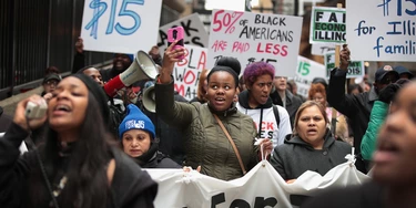 CHICAGO, IL - APRIL 04:  Demonstrators protest for higher wages and better working conditions on the 49th anniversary of the murder of Dr. Martin Luther King Jr. on April 4, 2017 in Chicago, Illinois. King, a clergyman and civil rights leader was killed in Memphis, Tennessee, on April 4, 1968 while in town supporting striking black city sanitation workers who had walked off their jobs to protest unequal wages and working conditions.  (Photo by Scott Olson/Getty Images) CHICAGO, IL - APRIL 04:  Demonstrators protest for higher wages and better working conditions on the 49th anniversary of the murder of Dr. Martin Luther King Jr. on April 4, 2017 in Chicago, Illinois. King, a clergyman and civil rights leader was killed in Memphis, Tennessee, on April 4, 1968 while in town supporting striking black city sanitation workers who had walked off their jobs to protest unequal wages and working conditions.  (Photo by Scott Olson/Getty Images)