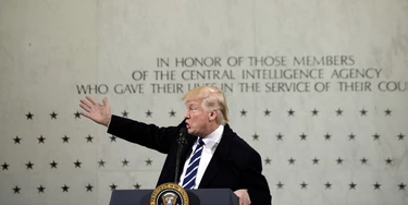 headquarters in Langley, Virginia. In his remarks Trump explained the CIA was his first visit because the "dishonest media" has made it appear he was having a feud with the intelligence community. Donald Trump visits CIA headquarters, Langley, Mclean, USA - 21 Jan 2017 (Rex Features via AP Images) headquarters in Langley, Virginia. In his remarks Trump explained the CIA was his first visit because the "dishonest media" has made it appear he was having a feud with the intelligence community. Donald Trump visits CIA headquarters, Langley, Mclean, USA - 21 Jan 2017 (Rex Features via AP Images)