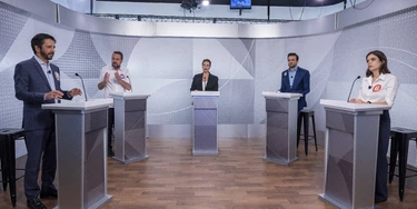 Da esquerda para direita: o prefeito e candidato à reeleição, Ricardo Nunes (MDB), Guilherme Boulos (PSOL), a apresentadora Fabíola Cidral, Pablo Marçal (PRTB) e Tabata Amaral (PSB) durante debate promovido pela Folha e UOL. Foto: Danilo Verpa/Folhapress. Da esquerda para direita: o prefeito e candidato à reeleição, Ricardo Nunes (MDB), Guilherme Boulos (PSOL), a apresentadora Fabíola Cidral, Pablo Marçal (PRTB) e Tabata Amaral (PSB) durante debate promovido pela Folha e UOL. Foto: Danilo Verpa/Folhapress.