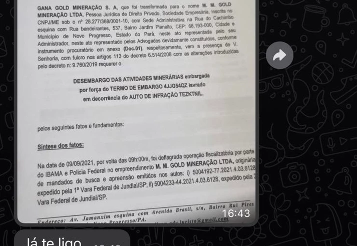 Presidente do Ibama pressionou subalterno para liberar mineradora de ouro embargada