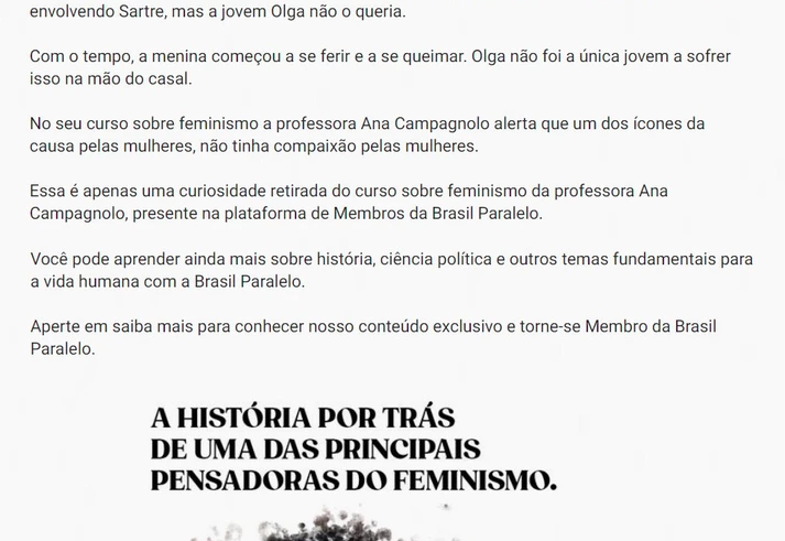 Facebook lucrou com anúncio da Brasil Paralelo que associa Simone de Beauvoir à pedofilia