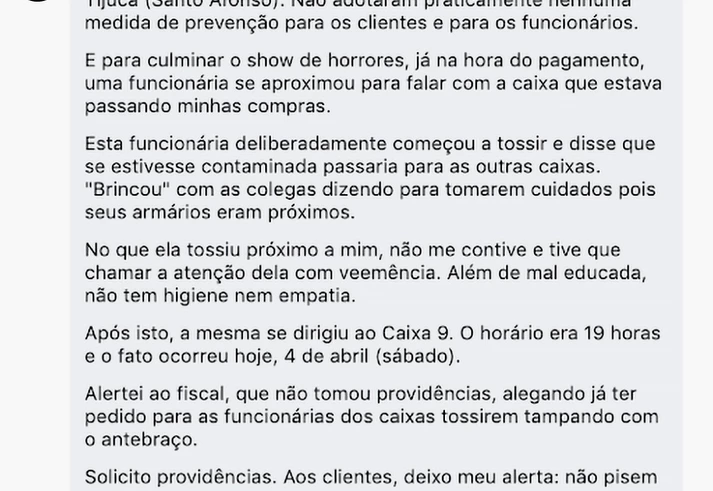 Coronavírus: ‘tem gente que tosse em cima da gente’, conta caixa do supermercado carioca Mundial