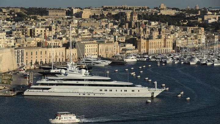 VITTORIOSA, MALTA - MARCH 30:  A superyacht, the Indian Empress, owned by Vijay Mallya, stands in The Grand Harbour as seen from Valletta on March 29, 2017 in Vittoriosa, Malta. In the last 2,000 years Malta has been under Roman, Muslim, Norman, Knights of Malta, French and British rule before it became independent in 1964. Today Malta remains a crossroads of cultures and is a popular tourist destination.  (Photo by Sean Gallup/Getty Images)