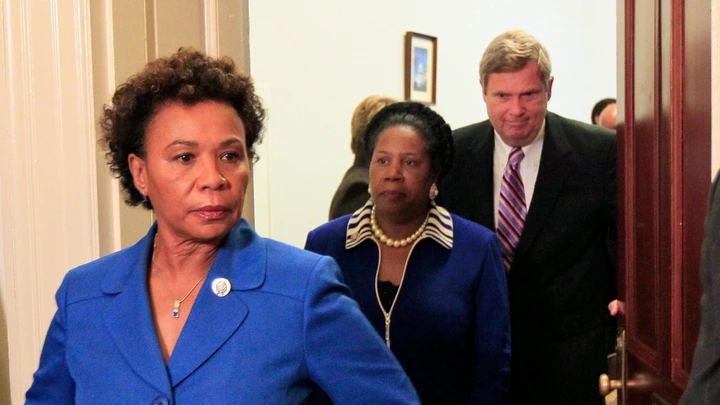 Congressional Black Caucus Chairwoman Rep. Barbara Lee, D-Calif., left, Rep. Sheila Jackson Lee, D-Texas, and Secretary of Agriculture Tom Vilsack, walk out after their meeting on Capitol Hill in Washington, Wednesday, July 21, 2010.(AP Photo/Alex Brandon)