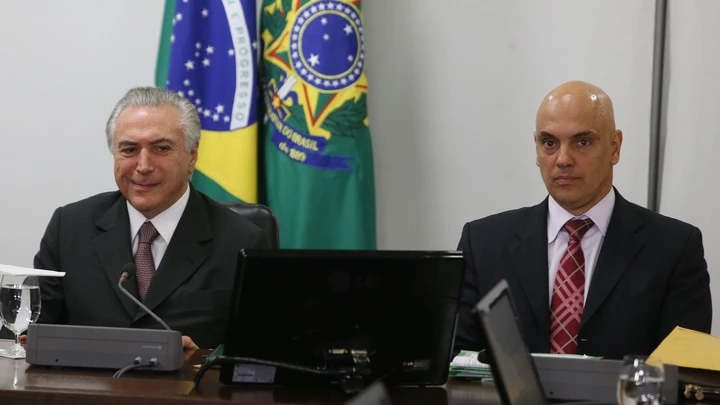 Brazil's interim President Michel Temer and Minister of Justice Alexandre de Moraes during  a meeting with representatives of the organization of the Rio 2016 Olympic Games, at Planalto Palace, in Brasilia, Brazil, on May 16, 2016. Photo: ANDRE DUSEK/ESTADAO CONTEUDO (Agencia Estado via AP Images)