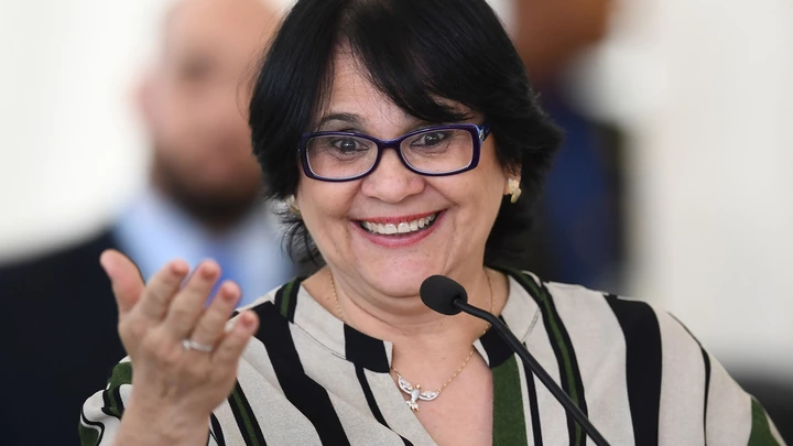 Brazilian Minister of Human Rights, Family and Women Damares Alves delivers a speech during the International Youth Day celebration at Planalto Palace in Brasilia on August 16, 2019. (Photo by EVARISTO SA / AFP)        (Photo credit should read EVARISTO SA/AFP via Getty Images)