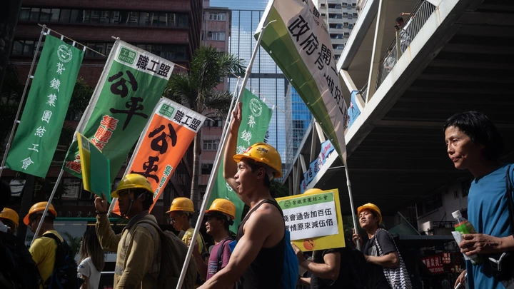 Protestantes participam de manifestação do Dia do Trabalho em Hong Kong, em primeiro de maio de 2018.