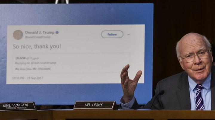 WASHINGTON, DC - OCTOBER 31: With a display showing President Donald Trump retweeting a fake Russian Twitter account, Sen. Patrick Leahy (D-VT) questions witnesses during a Senate Judiciary Subcommittee on Crime and Terrorism hearing titled 'Extremist Content and Russian Disinformation Online' on Capitol Hill, October 31, 2017 in Washington, DC. The committee questioned the tech company representatives about attempts by Russian operatives to spread disinformation and purchase political ads on their platforms, and what efforts the companies plan to use to prevent similar incidents in future elections. (Drew Angerer/Getty Images) WASHINGTON, DC - OCTOBER 31: With a display showing President Donald Trump retweeting a fake Russian Twitter account, Sen. Patrick Leahy (D-VT) questions witnesses during a Senate Judiciary Subcommittee on Crime and Terrorism hearing titled 'Extremist Content and Russian Disinformation Online' on Capitol Hill, October 31, 2017 in Washington, DC. The committee questioned the tech company representatives about attempts by Russian operatives to spread disinformation and purchase political ads on their platforms, and what efforts the companies plan to use to prevent similar incidents in future elections. (Drew Angerer/Getty Images)