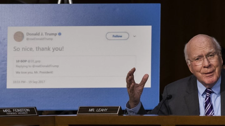 WASHINGTON, DC - OCTOBER 31: With a display showing President Donald Trump retweeting a fake Russian Twitter account, Sen. Patrick Leahy (D-VT) questions witnesses during a Senate Judiciary Subcommittee on Crime and Terrorism hearing titled 'Extremist Content and Russian Disinformation Online' on Capitol Hill, October 31, 2017 in Washington, DC. The committee questioned the tech company representatives about attempts by Russian operatives to spread disinformation and purchase political ads on their platforms, and what efforts the companies plan to use to prevent similar incidents in future elections. (Drew Angerer/Getty Images)