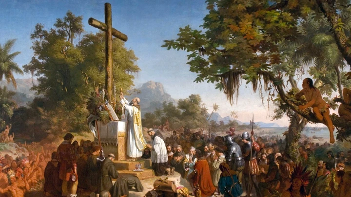 Evangélicos atuaram para influenciar nomeação na Funai e assim retomar a evangelização de indígenas. Eles querem, a seu modo, recriar a cena registrada em A Primeira Missa no Brasil, óleo de 1861 de Victor Meirelles. Evangélicos atuaram para influenciar nomeação na Funai e assim retomar a evangelização de indígenas. Eles querem, a seu modo, recriar a cena registrada em A Primeira Missa no Brasil, óleo de 1861 de Victor Meirelles.