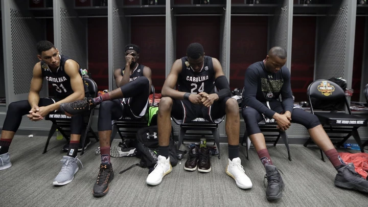 South Carolina players sit in the locker room after the semifinals of the Final Four NCAA college basketball tournament against Gonzaga, Saturday, April 1, 2017, in Glendale, Ariz. Gonzaga won 77-73. (AP Photo/Mark Humphrey) South Carolina players sit in the locker room after the semifinals of the Final Four NCAA college basketball tournament against Gonzaga, Saturday, April 1, 2017, in Glendale, Ariz. Gonzaga won 77-73. (AP Photo/Mark Humphrey)
