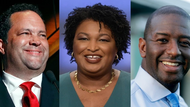 Da esquerda para a direita: Ben Jealous em uma festa da noite da eleição, em 26 de junho de 2018; Stacey Abrams em um debate em Atlanta, em 20 de maio de 2018; e Andrew Gillum em Miami, em 13 de agosto de 2018.