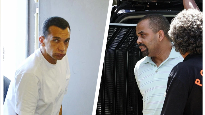 Brasilia, BRAZIL:  Brazilian drug trafficker Luiz Fernando da Costa (2-L) a.k.a. Fernandinho Beira-Mar is seen next to federal police officers upon his arrival from Maceio (NE Brazil) at Police headquarters in Brasilia, 24 March 2006.  AFP PHOTO/Evaristo SA  (Photo credit should read EVARISTO SA/AFP/Getty Images)