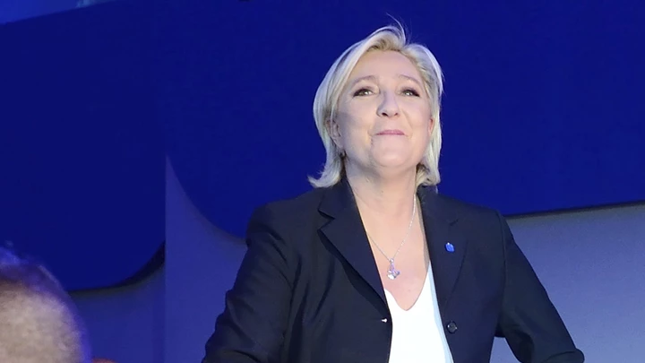Far-right National Front leader Marine Le Pen addresses activists at the Espace Francois Mitterrand on April 23, 2017, in Henin-Beaumont, north of France. Le Pen will face centrist leader Emmanuel Macron in a run-off for the French presidency on 7 May, near-final results show. With 96% of votes counted from Sunday's first round, Mr Macron has 23.9% with Ms Le Pen on 21.4%. Photo by Aurore Marechal/Sipa USA(Sipa via AP Images)