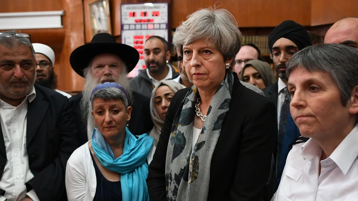 LONDON, ENGLAND - JUNE 19: British Prime Minister Theresa May and Metropolitan Police Commissioner Cressida Dick talk to faith leaders at Finsbury Park Mosque on June 19, 2017 in London, England.  Worshippers were struck by a hired van as they were leaving Finsbury Park mosque in North London after Ramadan prayers. One person was killed in the terror attack with a further 10 people injured.  (Photo by Stefan Rousseau/WPA Pool/Getty Images) LONDON, ENGLAND - JUNE 19: British Prime Minister Theresa May and Metropolitan Police Commissioner Cressida Dick talk to faith leaders at Finsbury Park Mosque on June 19, 2017 in London, England.  Worshippers were struck by a hired van as they were leaving Finsbury Park mosque in North London after Ramadan prayers. One person was killed in the terror attack with a further 10 people injured.  (Photo by Stefan Rousseau/WPA Pool/Getty Images)